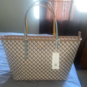 NWT Tory Burch Geo Logo Color-Block Top Zip Allover Large Tote in Hazelnut